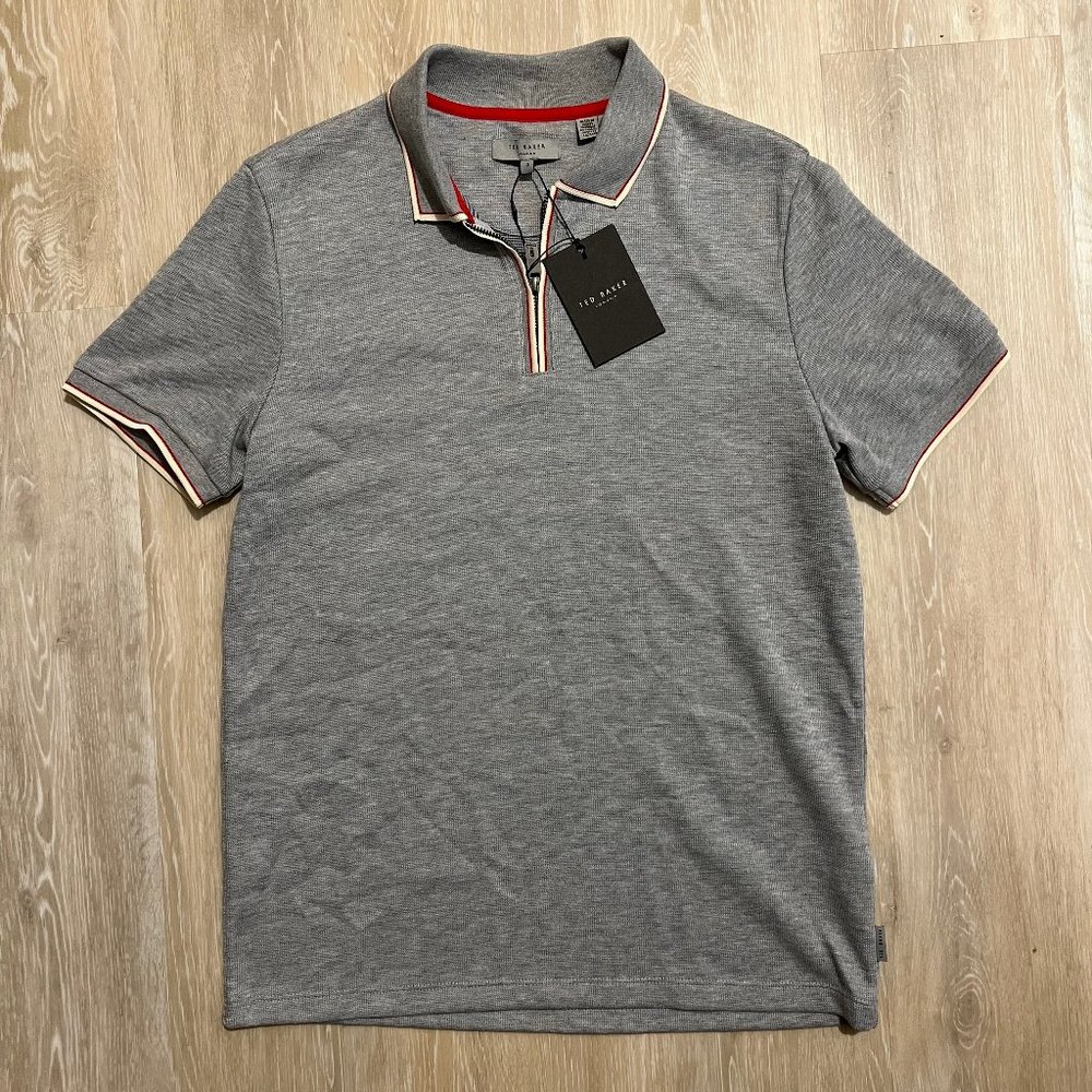 New Mens Ted Baker Gray Textured Polo with Zip Neck